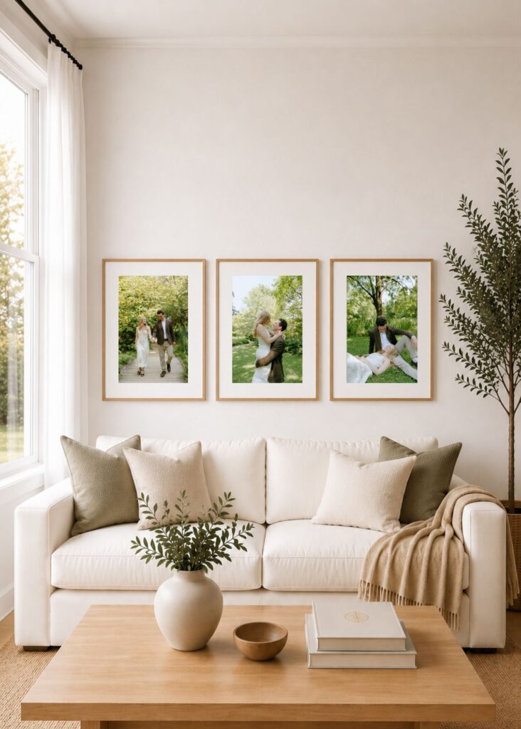 A mock up of a framed trio wall art set that Captured by Brooke sells to her clients, a Raleigh Couples photographer