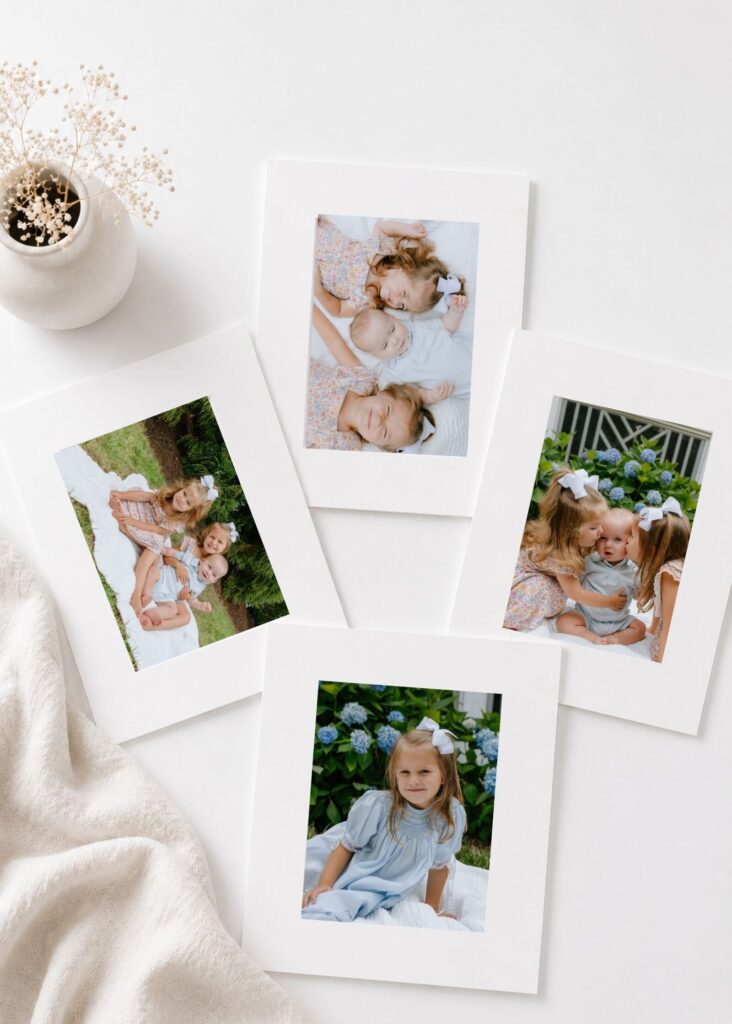 A matted print mock up of photos of three siblings from a backyard photoshoot in Cary, NC taken by Captured by Brooke, a Raleigh Family Photographer.